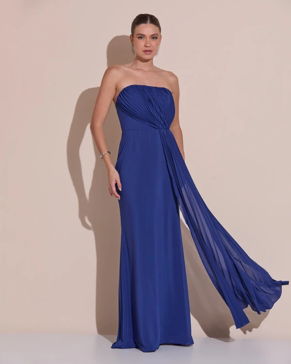 Vestido de Festa Longo Tomara Que Caia Crepe Chiffon Plissado Lenço Azul Marinho