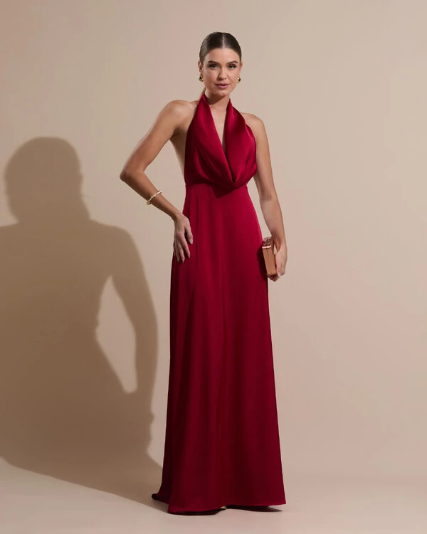 Vestido de Festa Longo Frente Única Degagê Cetim Fluido Marsala