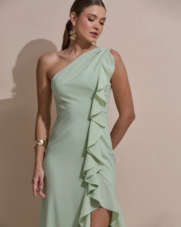 Vestido de Festa Midi Um Ombro Só Crepe Chiffon Babados Cascata Fenda Verde Menta New