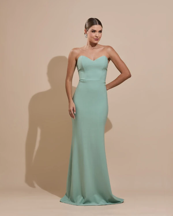 Vestido de Festa Longo Alfaiataria Tomara que Caia Saia Sereia com Lenço Verde Menta