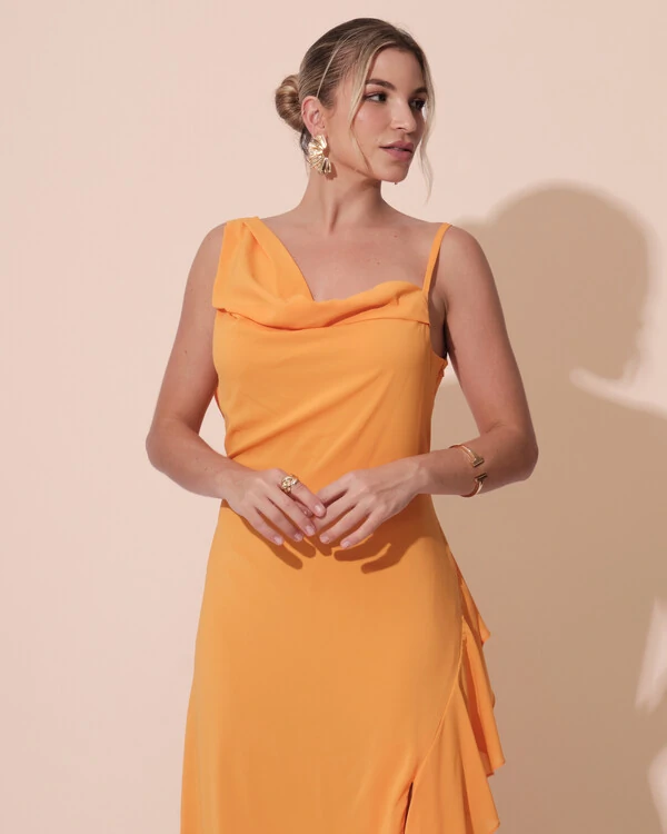 Vestido de Festa Longo Crepe Chiffon Degagê com Fenda e Babado Cascata Laranja Manga
