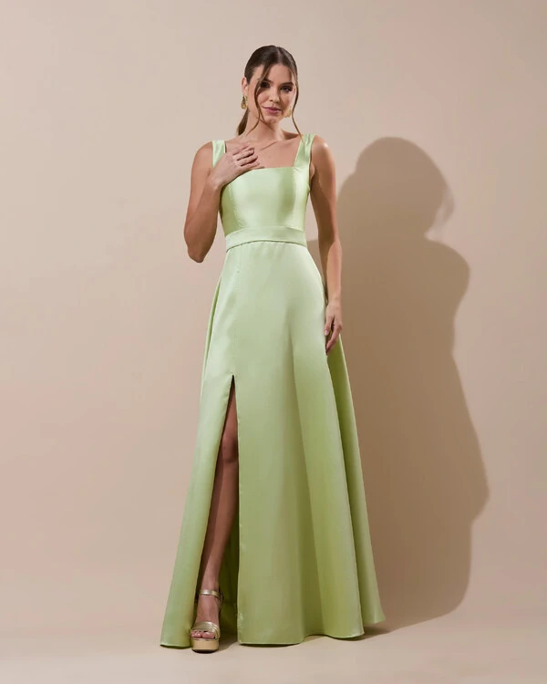 Vestido de Festa Longo Zibeline com Fenda e Faixa Verde Lima New