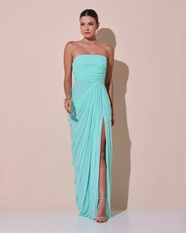 Vestido De Festa Longo Tomara que Caia Tule Drapeado Fenda Tiffany