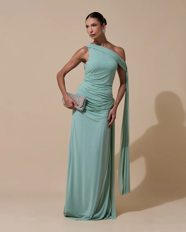 Vestido de Festa Longo Um Ombro Só Tule Faixa Drapeada Lenço Verde Menta