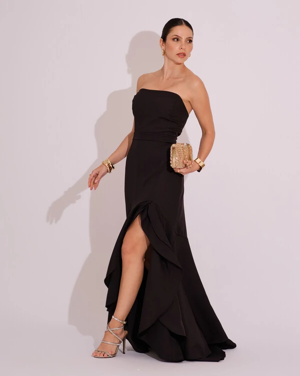 Vestido Longo com Fenda de Babados Alfaiataria Preto