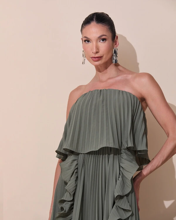 Vestido de Festa Longo Crepe Chiffon Tomara que Caia Plissado com Babado Cascata Verde Oliva