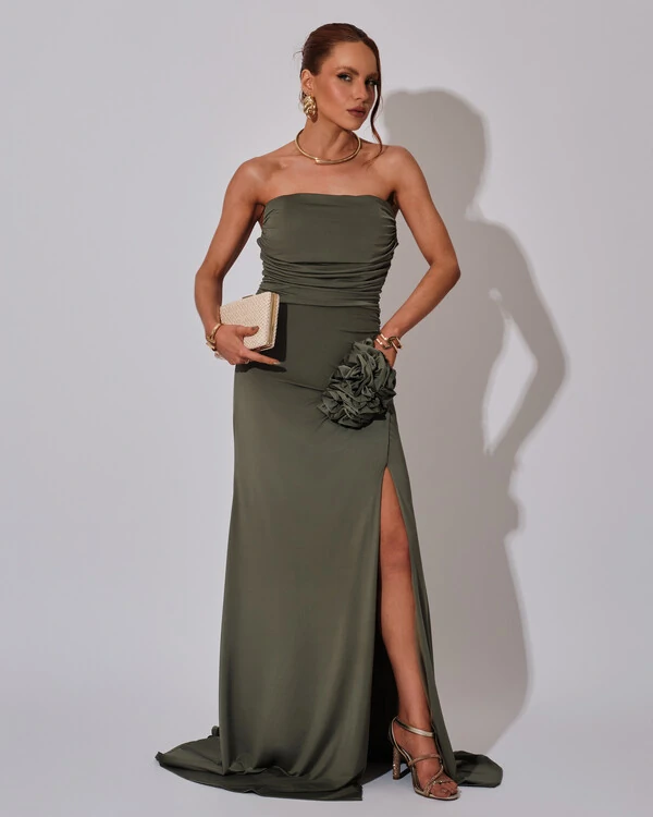 Vestido Longo Tomara que Caia Malha Fenda Verde Oliva