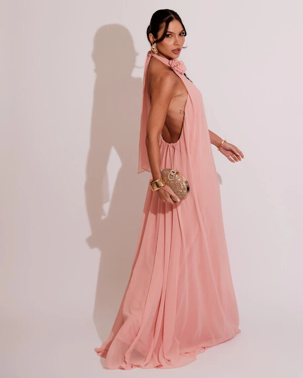 Vestido Longo Crepe Frente Única Fluido Flor Removível Rosa