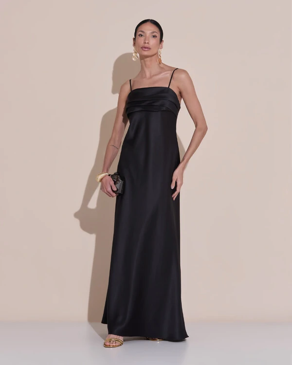 Vestido de Festa Midi Drapeado Cetim Preto