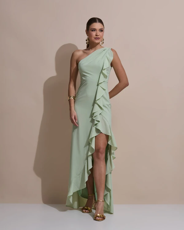 Vestido de Festa Midi Um Ombro Só Crepe Chiffon Babados Cascata Fenda Verde Menta New