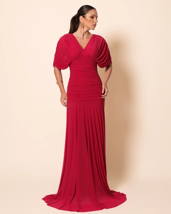 Vestido de Festa Longo Tule Manga Curto Drapeado Cereja