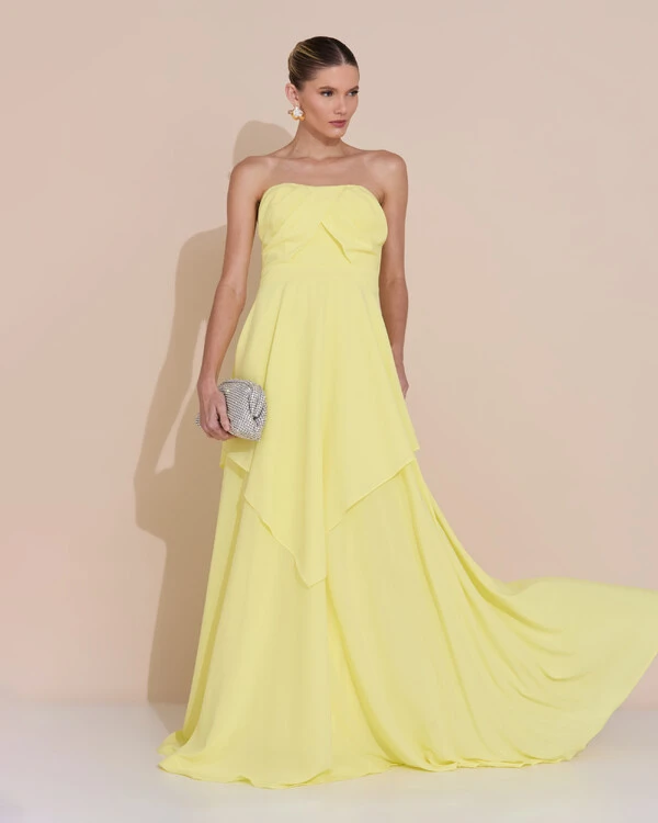 Vestido de Festa Longo Tomara que Caia Crepe Chiffon Drapeado Camadas Amarelo Manteiga