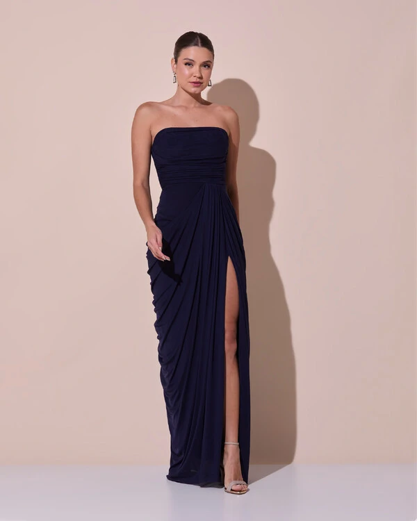 Vestido De Festa Longo Tomara que Caia Tule Drapeado Fenda Azul Marinho Escuro