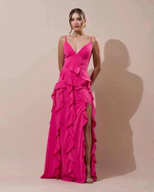 Vestido de Festa Longo Decote V Crepe Chiffon Babados Cascata e Fenda Pink New