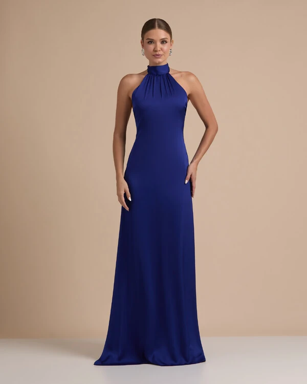Vestido de Festa Gola Alta com Decote nas Costas Acetinado Azul Royal New