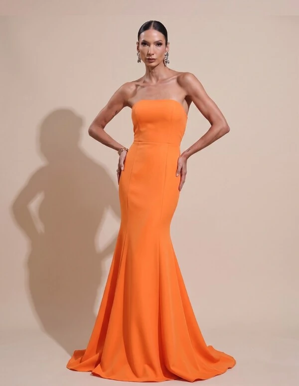 Vestido de Festa Longo Alfaiataria Tomara que Caia Saia Sereia Laranja