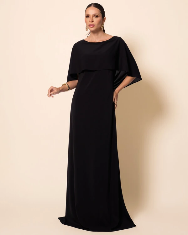 Vestido de Festa Longo Crepe Chiffon com Capa e Degagê nas Costas Preto