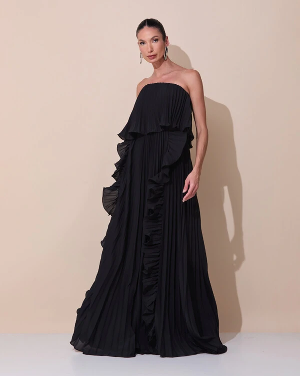 Vestido de Festa Longo Crepe Chiffon Tomara que Caia Plissado com Babado Cascata Preto