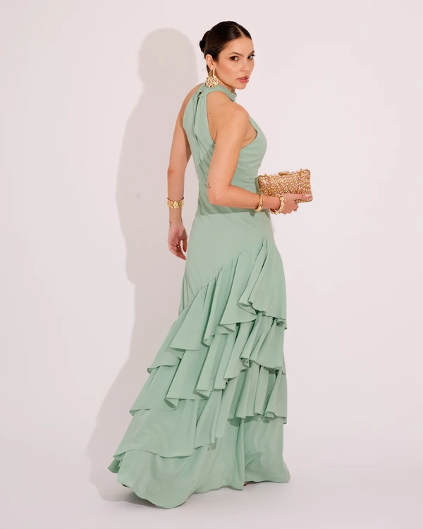 Vestido de Festa Longo Decote Halter com Babados Verde Menta