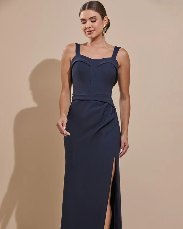 Vestido de Festa Longo Alfaiataria Decote Coração com Alças e Fenda Azul Marinho Escuro