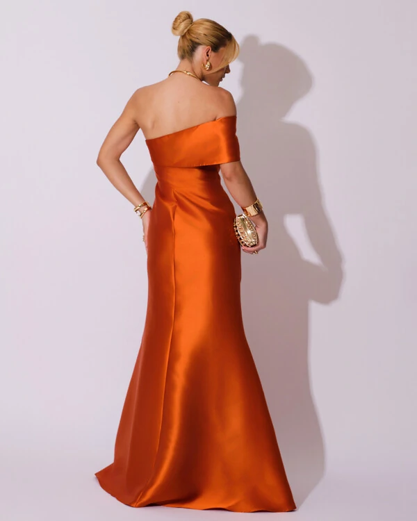 Vestido de Festa Zibeline com Faixa Ombro a Ombro Terracota