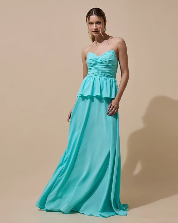 Vestido de Festa Longo Crepe Chiffon Tomara que Caia Peplum Drapeado Tiffany