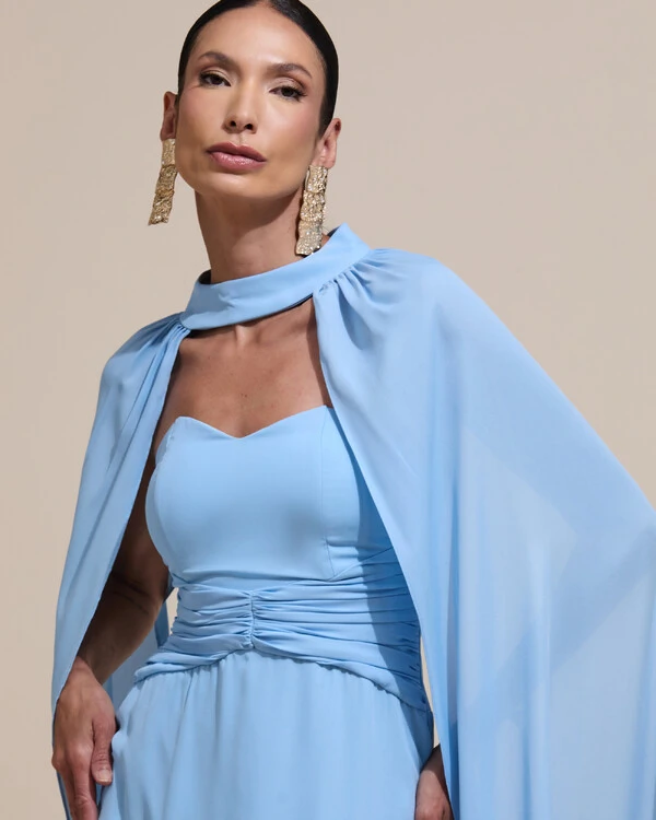 Vestido de Festa Longo Tomara Que Caia Crepe Chiffon Drapeado Capa Serenity