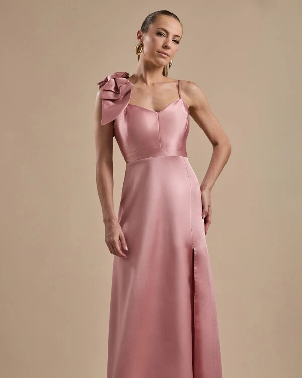 Vestido de Festa Longo em Zibeline com Laço Removível Rose