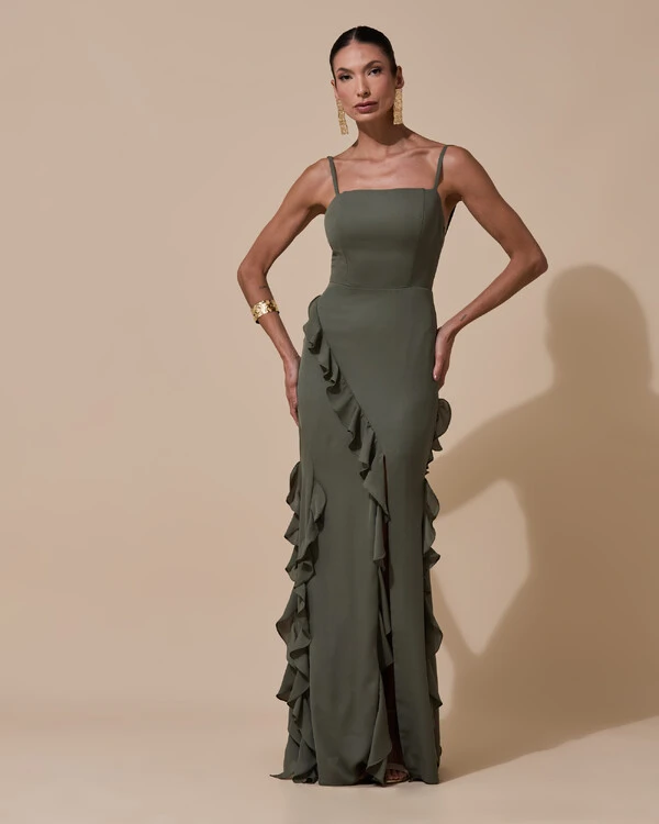 Vestido de Festa Longo Alças Finas Crepe Chiffon Babado Cascata Fenda Costas V Verde Oliva