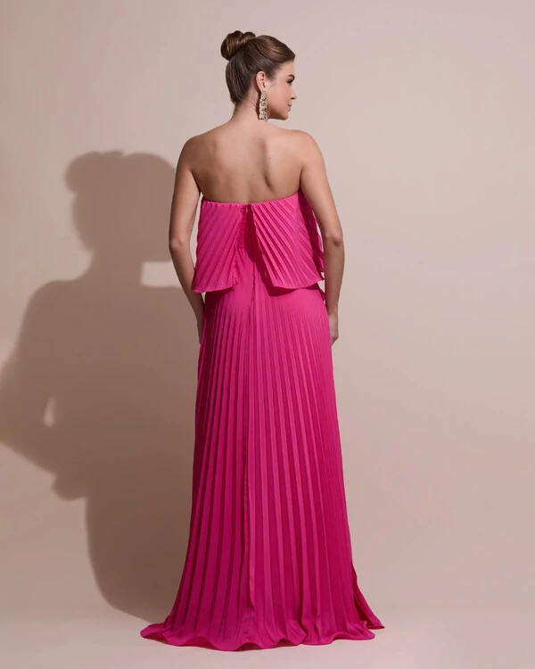 Vestido de Festa Longo Crepe Chiffon Tomara que Caia Plissado com Babado Cascata Pink New