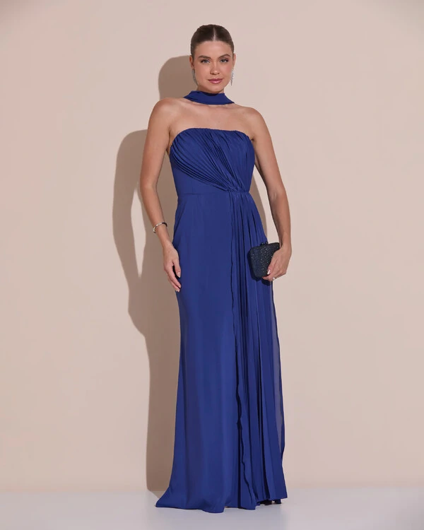 Vestido de Festa Longo Tomara Que Caia Crepe Chiffon Plissado Lenço Azul Marinho