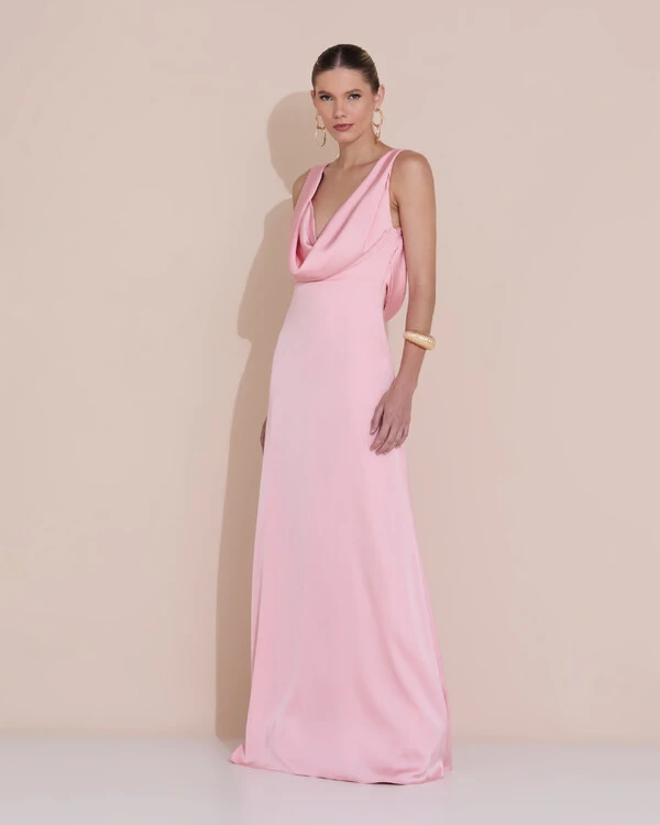 Vestido de Festa Longo Cetim Fluido Degagê Rose Gold