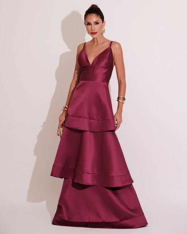 Vestido de Festa Longo Zibeline em Camadas Decote em V com Alças Fúcsia