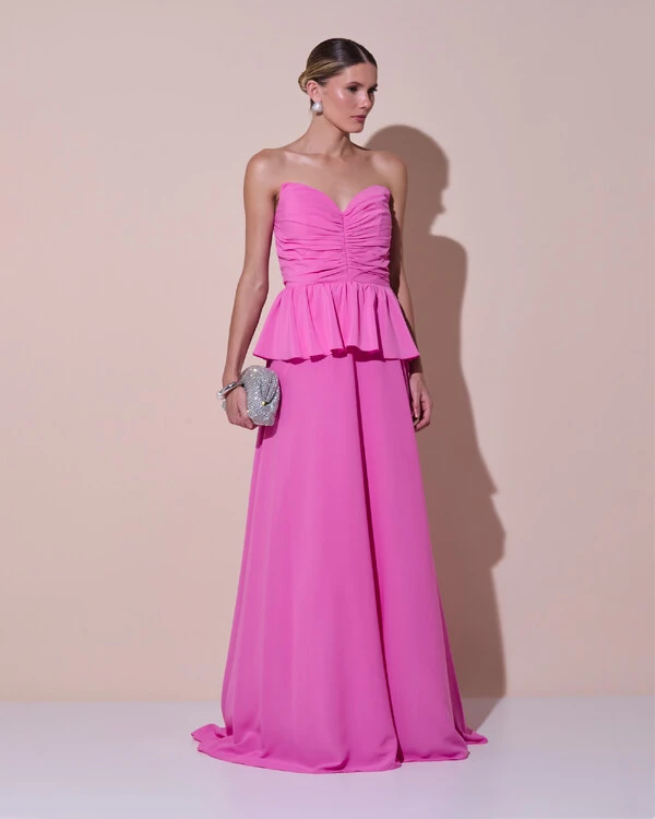 Vestido de Festa Longo Crepe Chiffon Tomara que Caia Peplum Drapeado Rosa New