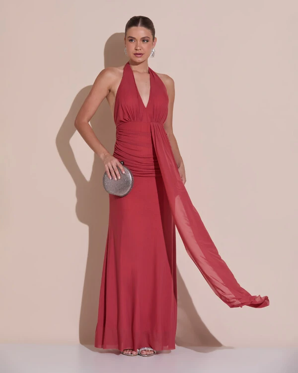 Vestido de Festa Longo Frente Única Decote V Tule Drapeado Faixa Terracota
