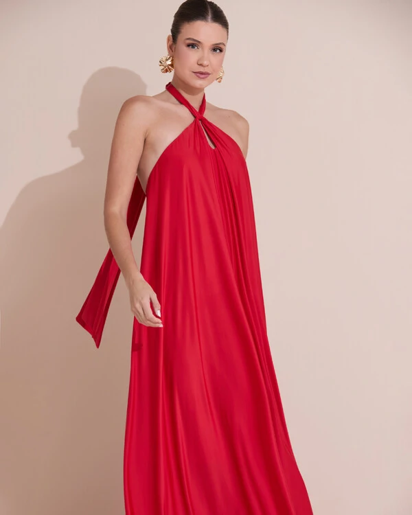 Vestido Longo com Amarração em Malha Vermelho Claro