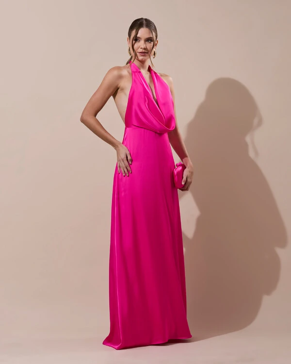 Vestido de Festa Longo Frente Única Degagê Cetim Fluido Pink