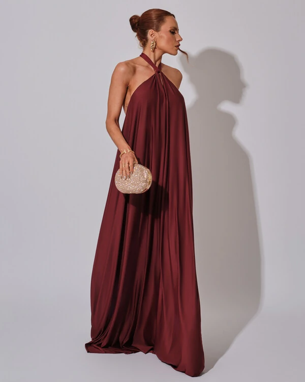 Vestido Longo com Amarração em Malha Marsala Escuro