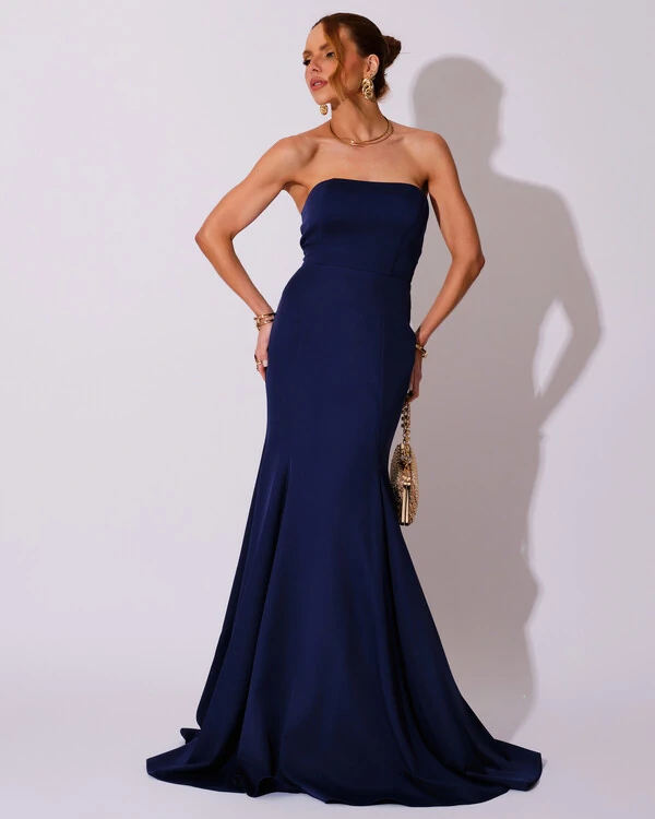 Vestido de Festa Longo Alfaiataria Tomara que Caia Saia Sereia Azul Marinho