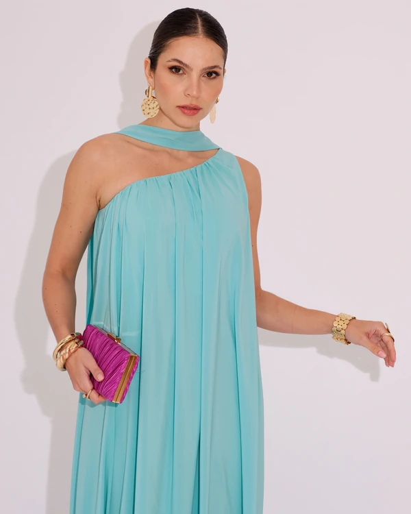 Vestido de Festa Longo Crepe Fluido um Ombro Só com Lenço Tiffany