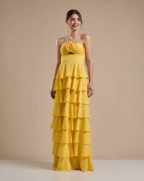 Vestido Longo Crepe Chiffon Tomara que Caia Plissado em Camadas Amarelo