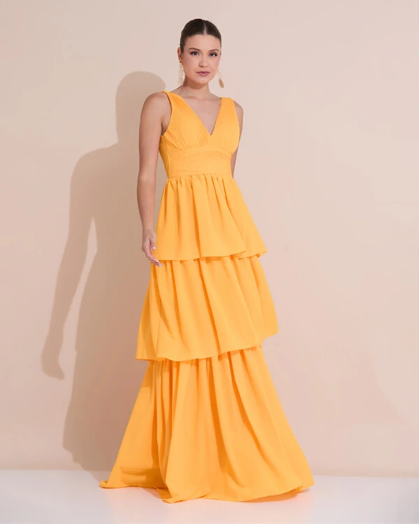 Vestido de Festa Longo Decote V Crepe Chiffon Plissado Camadas Babado Laranja Manga New