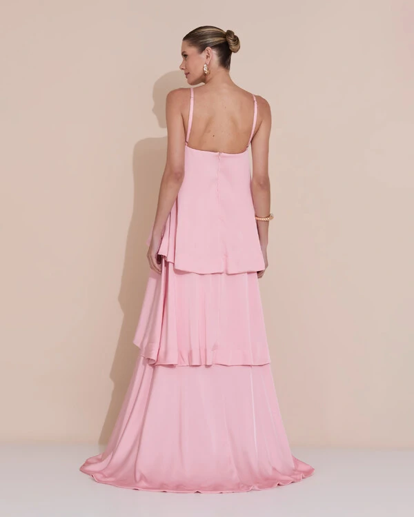 Vestido de Festa Longo Decote Reto Alças Finas Cetim Camadas Rose Gold