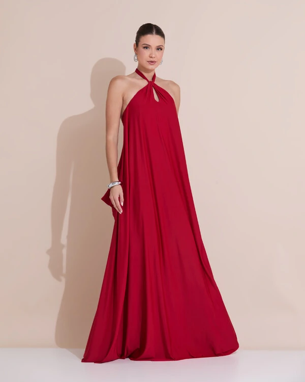 Vestido Longo com Amarração em Malha Vermelho