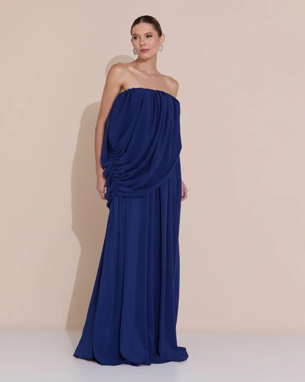 Vestido de Festa Longo Tomara Que Caia Crepe Chiffon Drapeado Azul Marinho