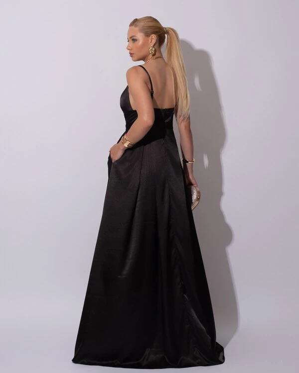 Vestido de Festa Longo Cetim Decote em V e Fenda Preto