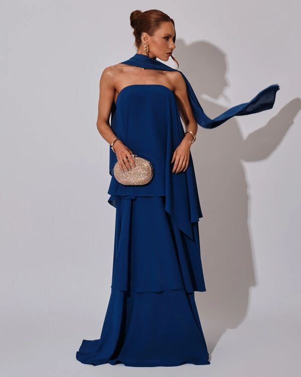 Vestido de Festa Longo Chiffon Crepe em Camadas com Lenço Azul Royal