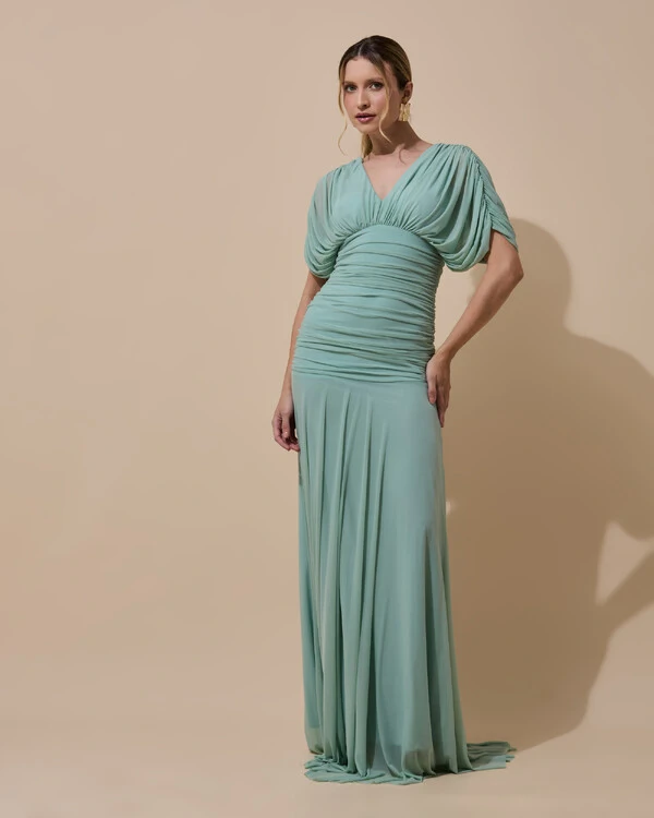 Vestido de Festa Longo Tule Manga Curta Drapeado Verde Menta