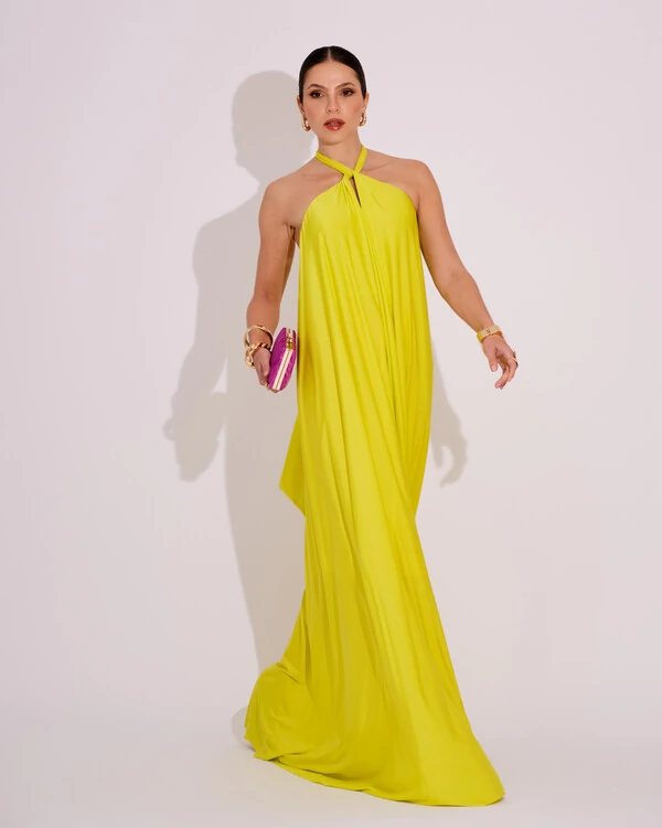 Vestido Longo com Amarração em Malha Verde Lima