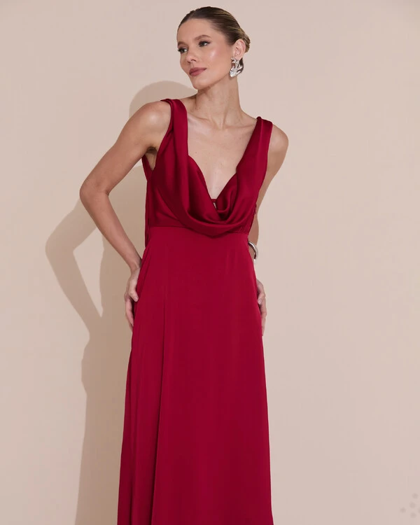 Vestido de Festa Longo Cetim Fluido Degagê Marsala